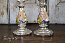 Load image into Gallery viewer, silver glass candlesticks with pink roses
