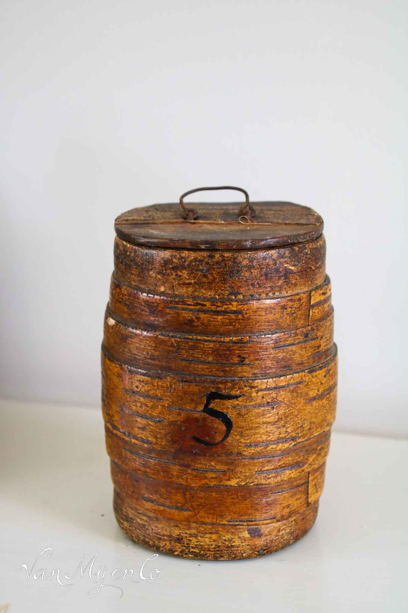 Antique storage barrel made of birch wood